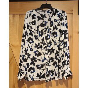New! The Limeted Size 3X Black Blue Floral Ruffle Front Button Blouse Office